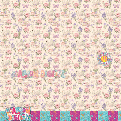 Vintage Roses Swan and Tea Cup Seamless Pattern Digital Design