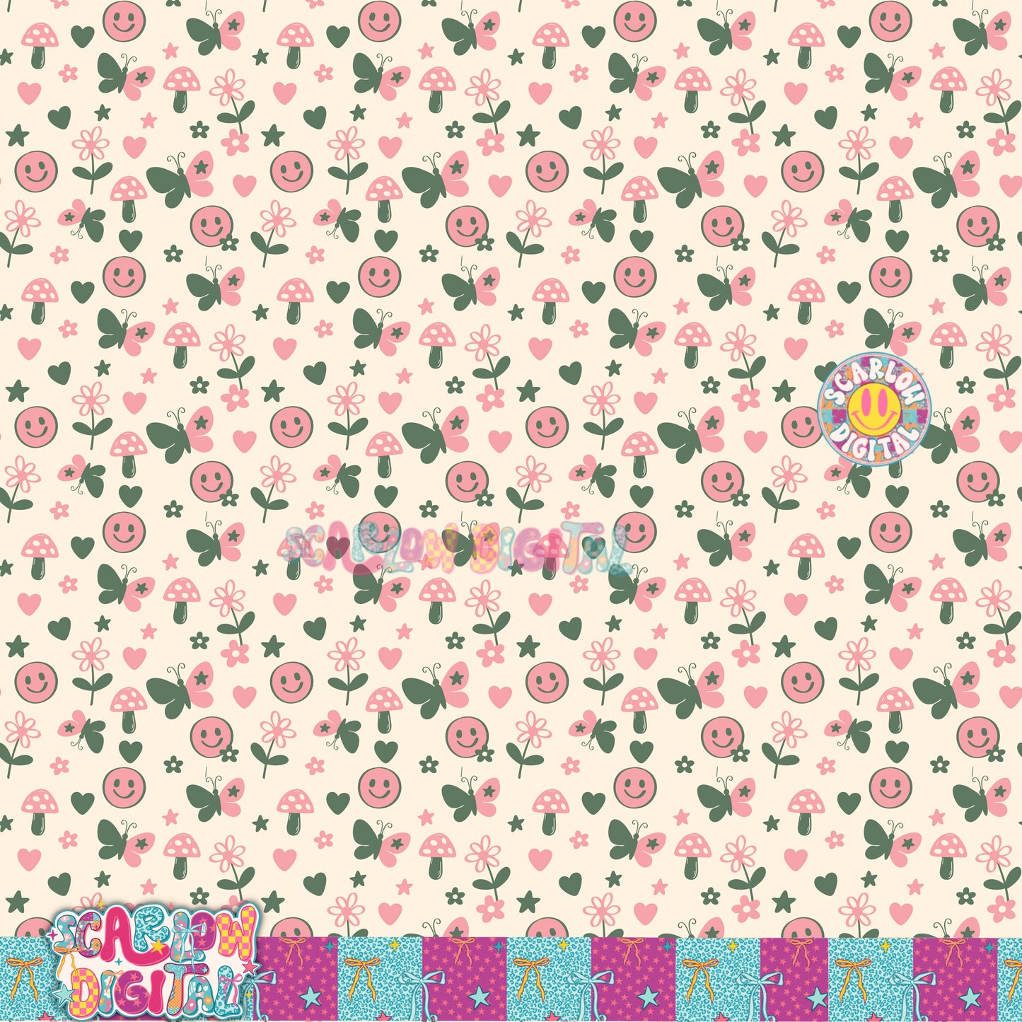Pink Green Doodles Seamless Pattern Digital Design