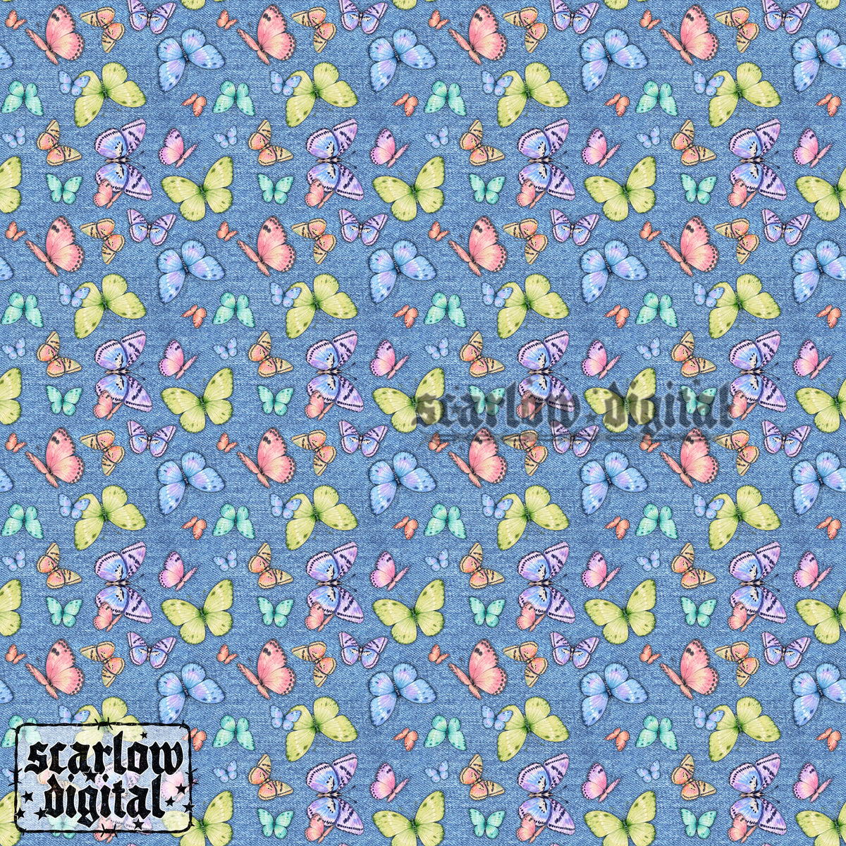 Denim Butterflies Seamless Pattern Digital Design