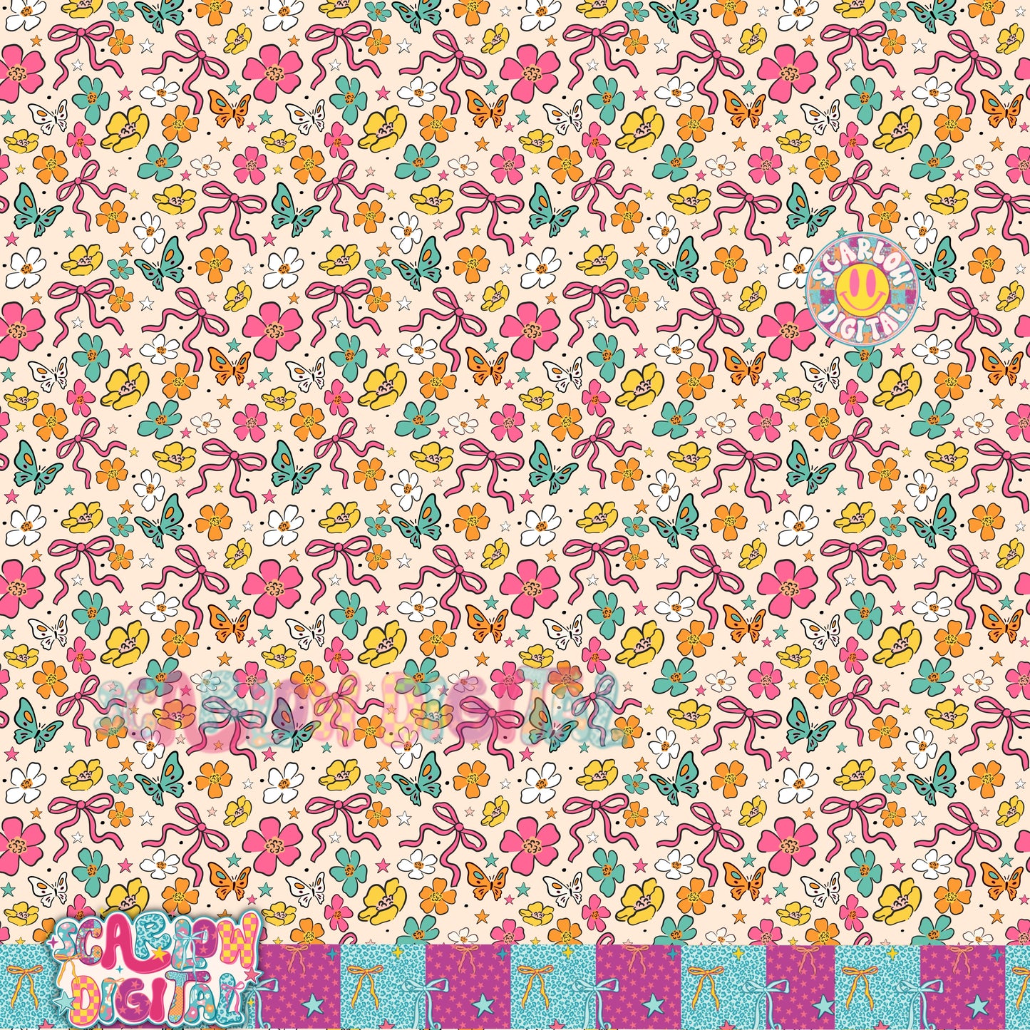 White Flowers and Bows Seamless Pattern Digital Design