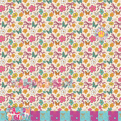 White Flowers and Bows Seamless Pattern Digital Design