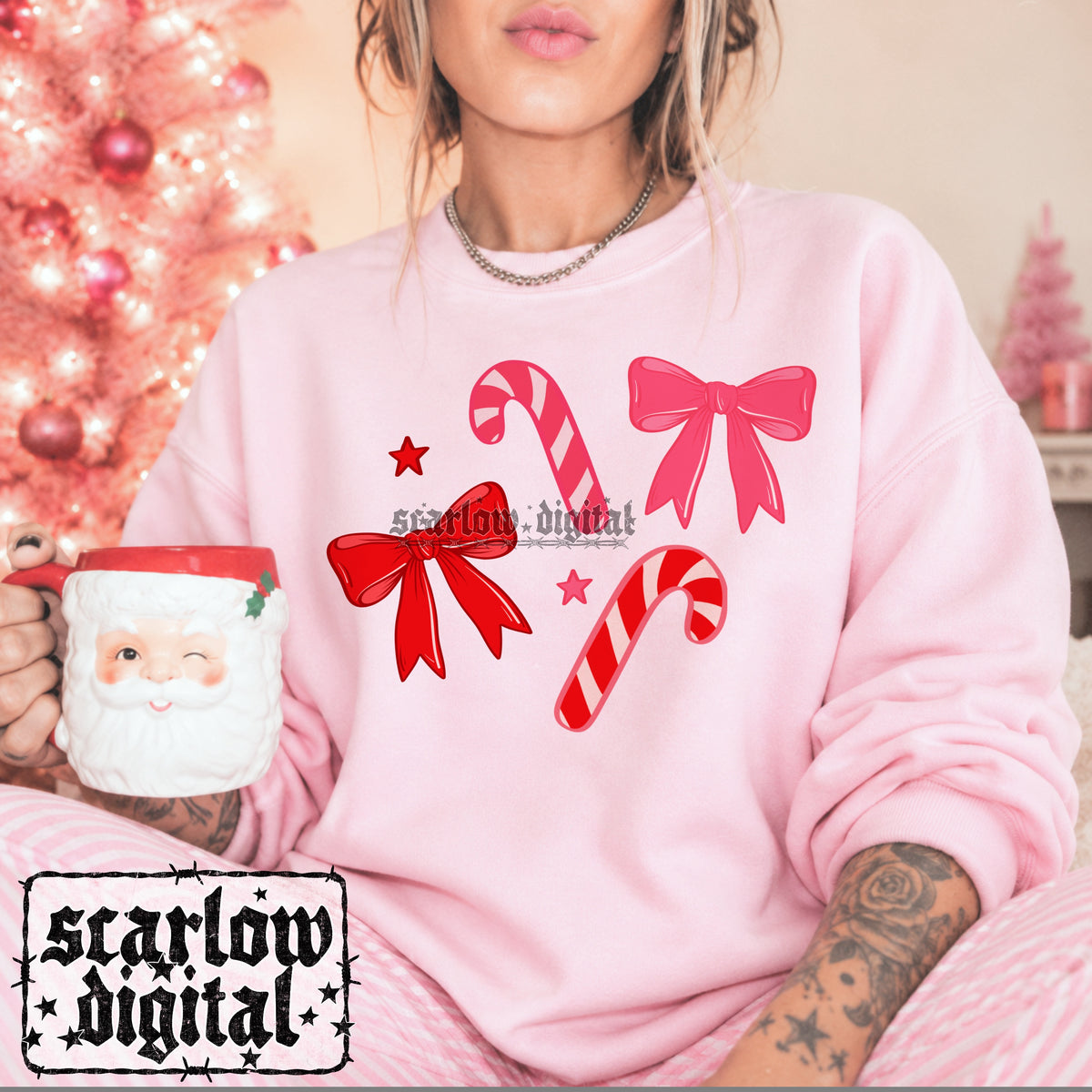 Candy Canes and Bows Christmas PNG Digital Design