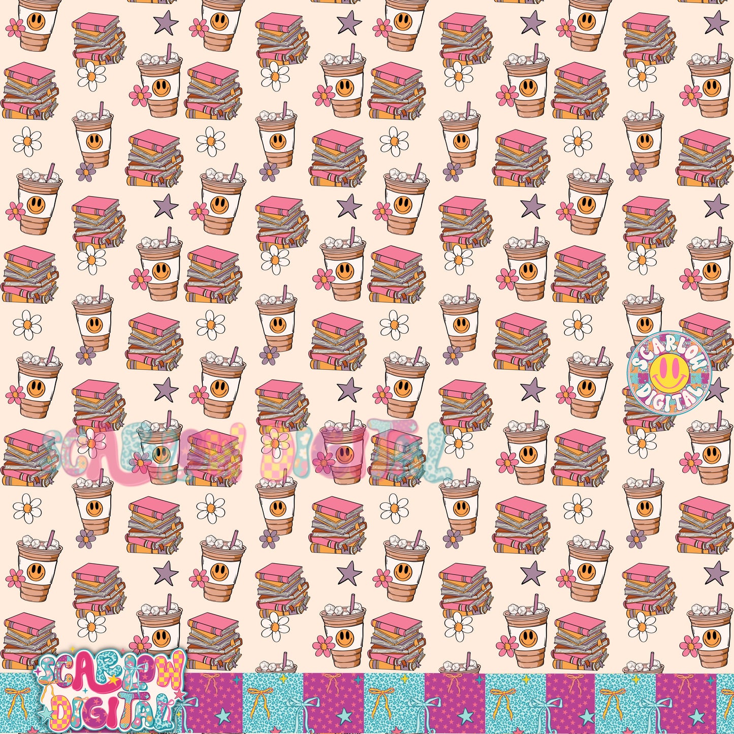 Books and Coffee Seamless Pattern Digital Design