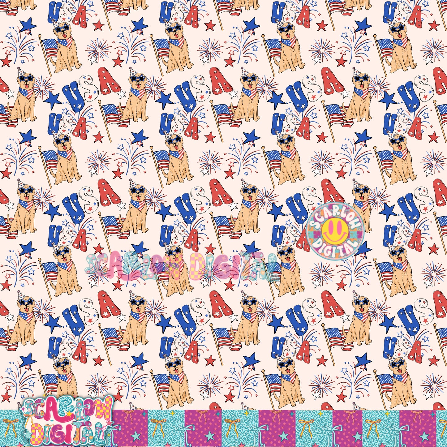 Patriotic Golden Retriever Seamless Pattern Digital Design