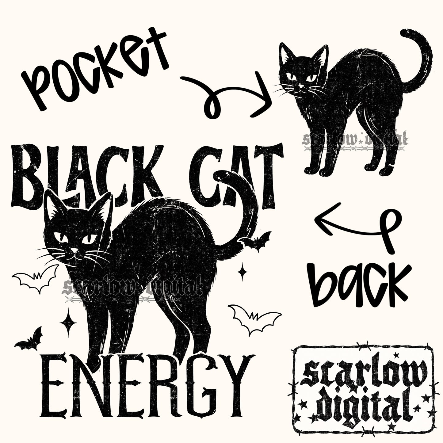 Black Cat Energy Front and Back PNG Digital Design