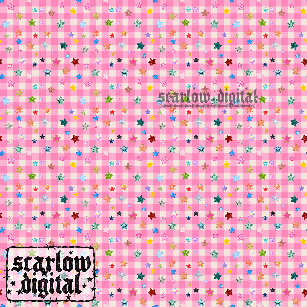 Gingham Stars Seamless Pattern Digital Design