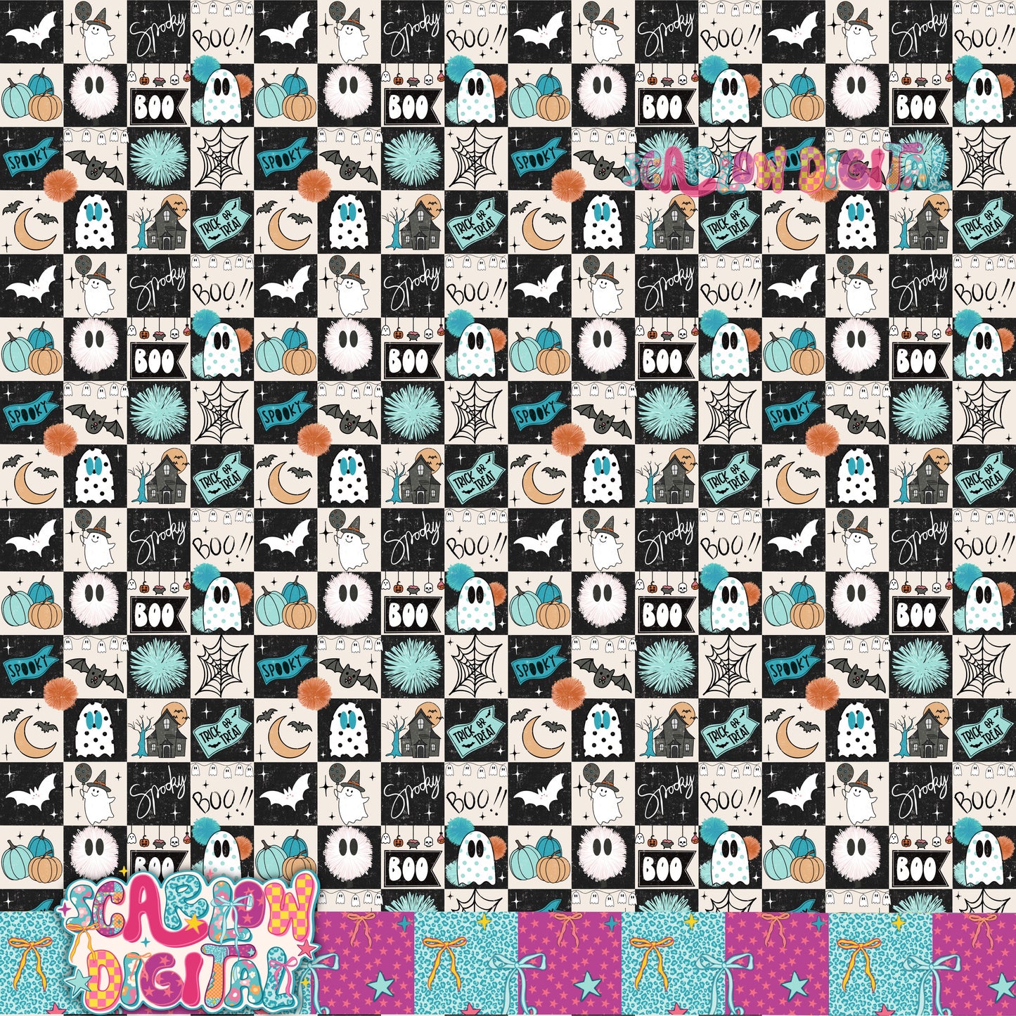 Spooky Checkers in Blue Seamless Pattern Digital Design