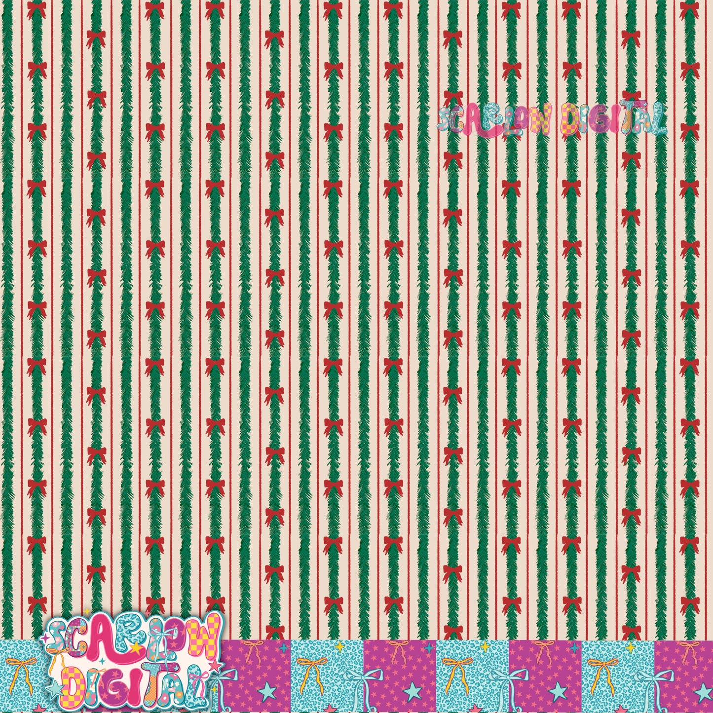 Tinsel Bows Christmas Seamless Pattern Digital Design