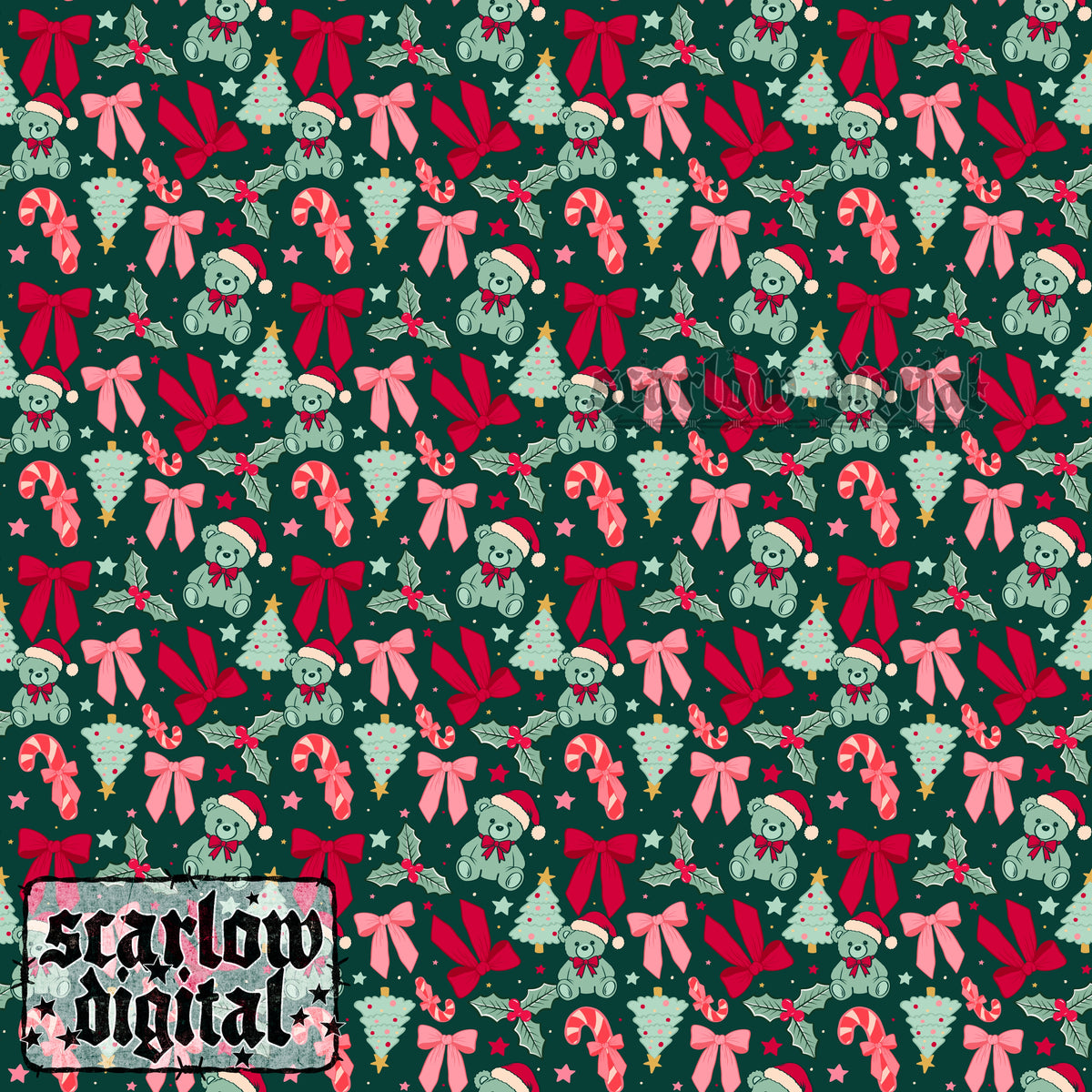 Dark Christmas Teddy Bears and Bows Seamless Pattern Digital Design