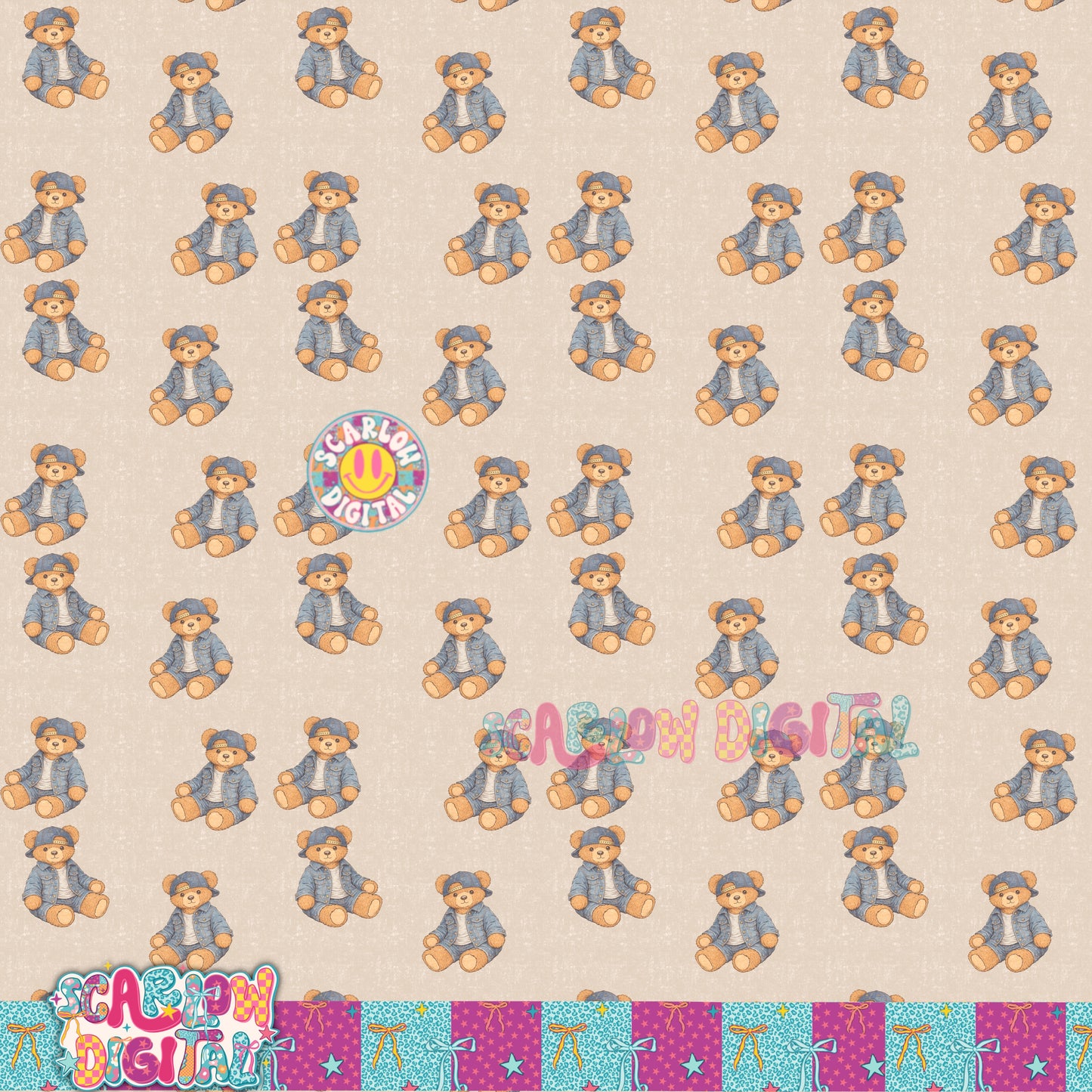 Denim Teddy Bear Vintage Thrifted Style Seamless Pattern Digital Design