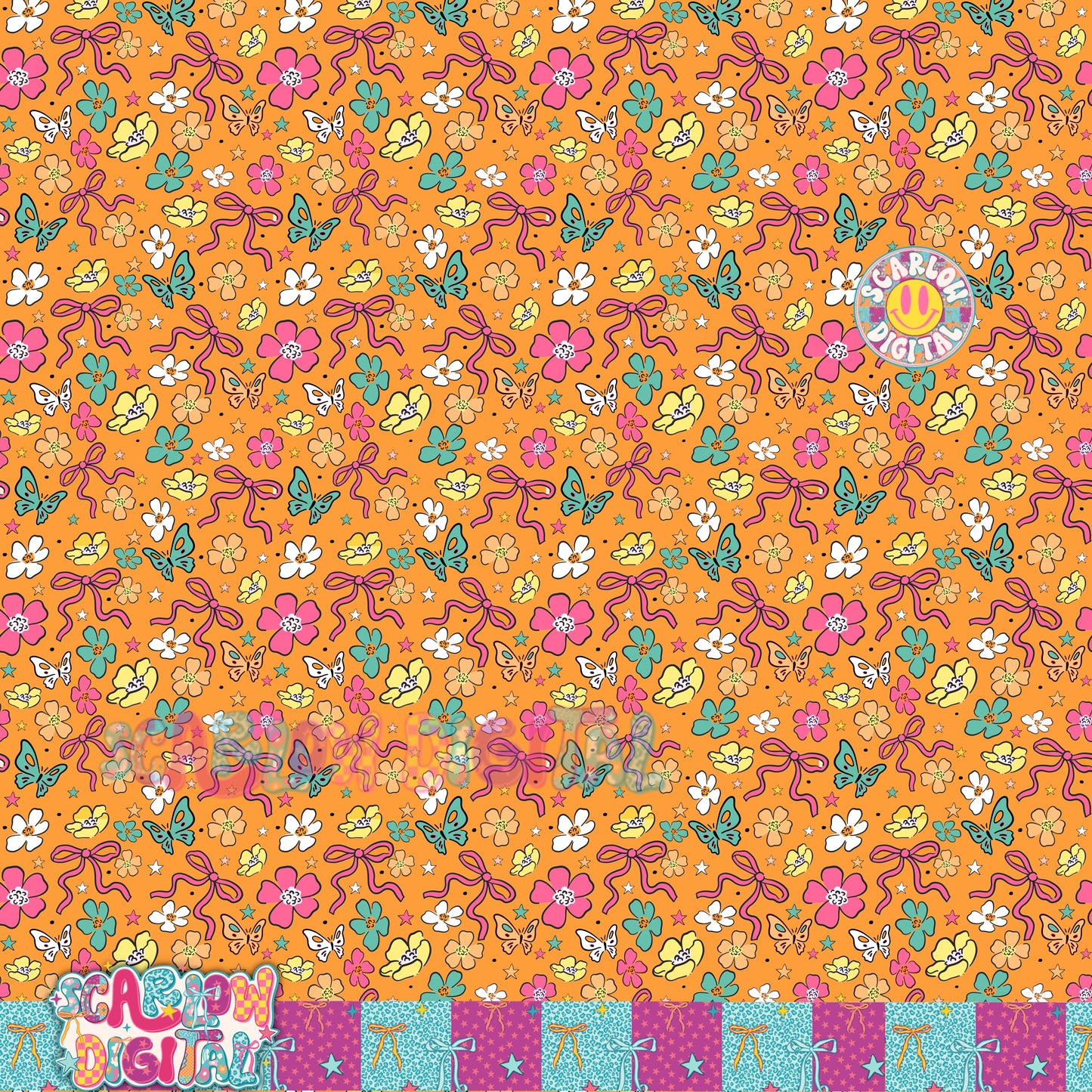 Orange Flowers and Bows Seamless Pattern Digital Design