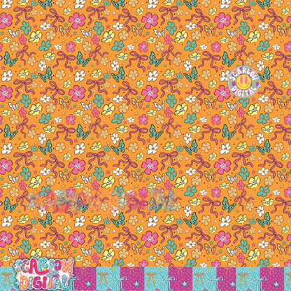 Orange Flowers and Bows Seamless Pattern Digital Design