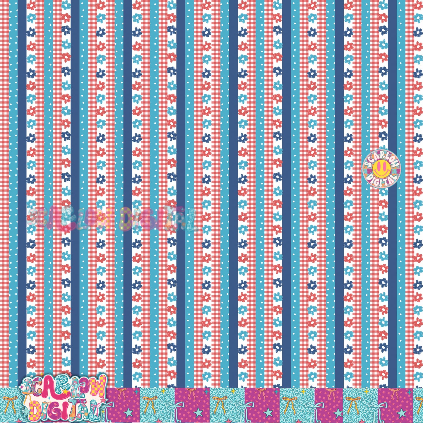 Patriotic Flowers and Stripes Seamless Pattern Digital Design