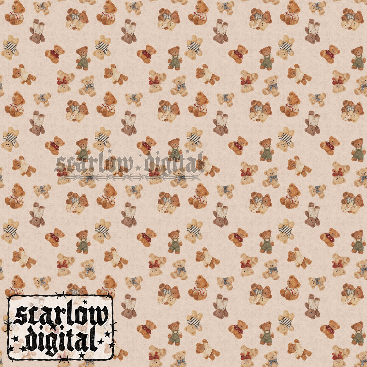 Vintage-Style Teddy Bears Seamless Pattern Digital Design