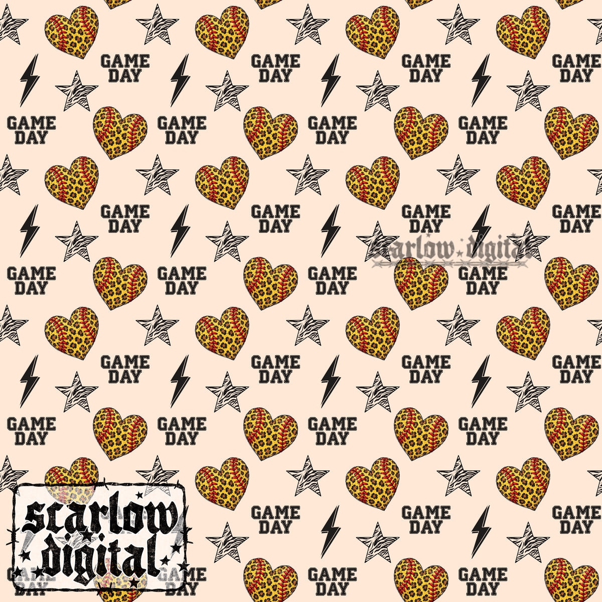 Softball Hearts Seamless Pattern Digital Design
