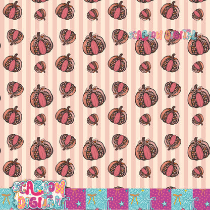 Floral Pumpkins on Stripes Seamless Pattern Digital Design