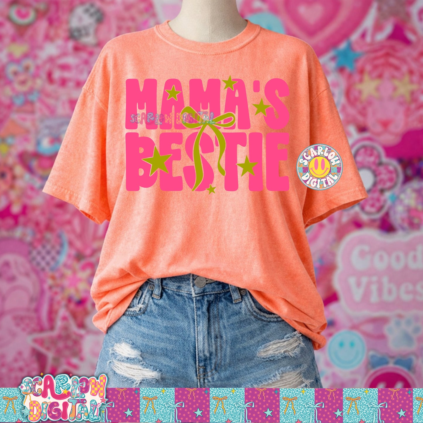 Neon Mama Bestie With Bow and Stars Pink and Lime PNG Digital Design