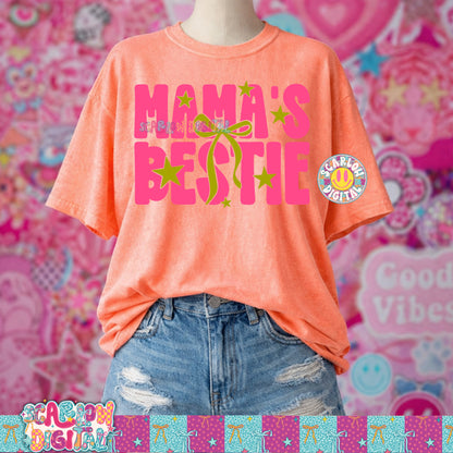 Neon Mama Bestie With Bow and Stars Pink and Lime PNG Digital Design