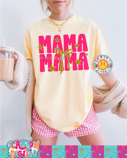 Neon Mama With Bow and Stars Pink and Lime PNG Digital Design
