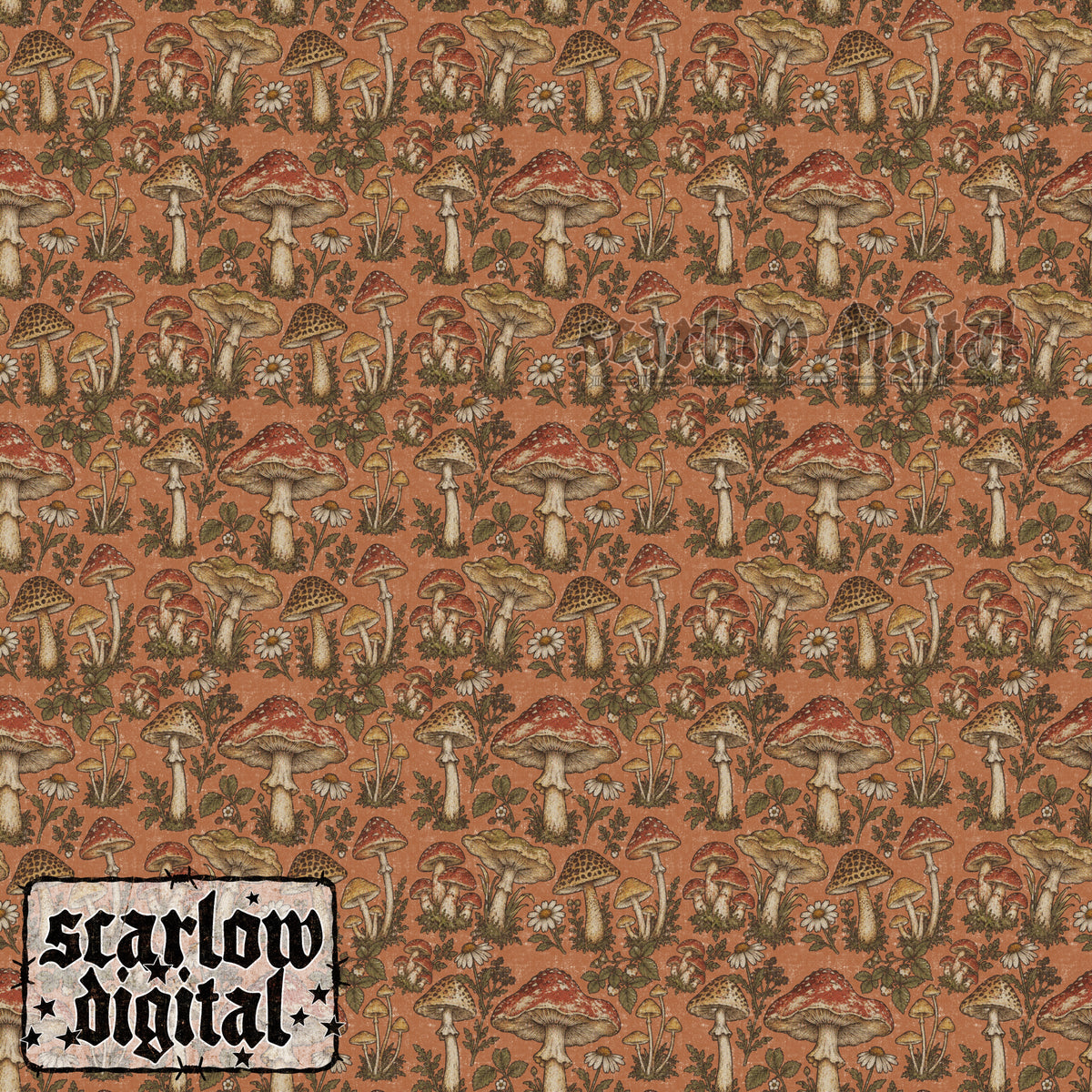 Antique-Style Mushrooms Seamless Pattern Digital Design