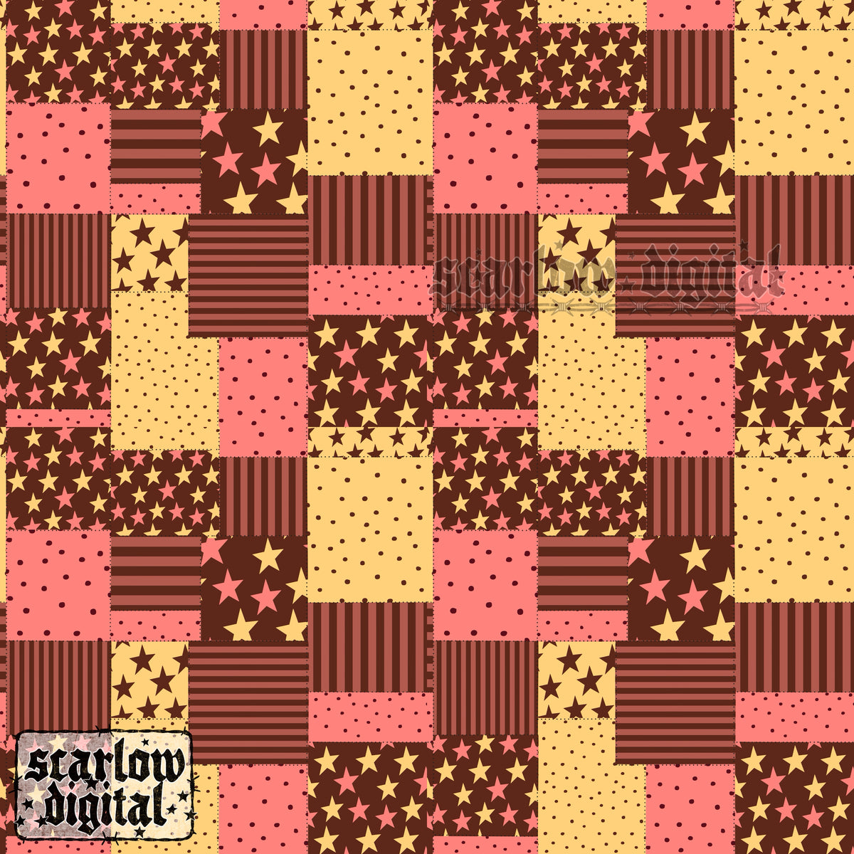 Brown Yellow and Pink Quilt Seamless Pattern Digital Design