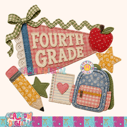 Fourth Grade  Faux Patchwork Back to School PNG Digital Design