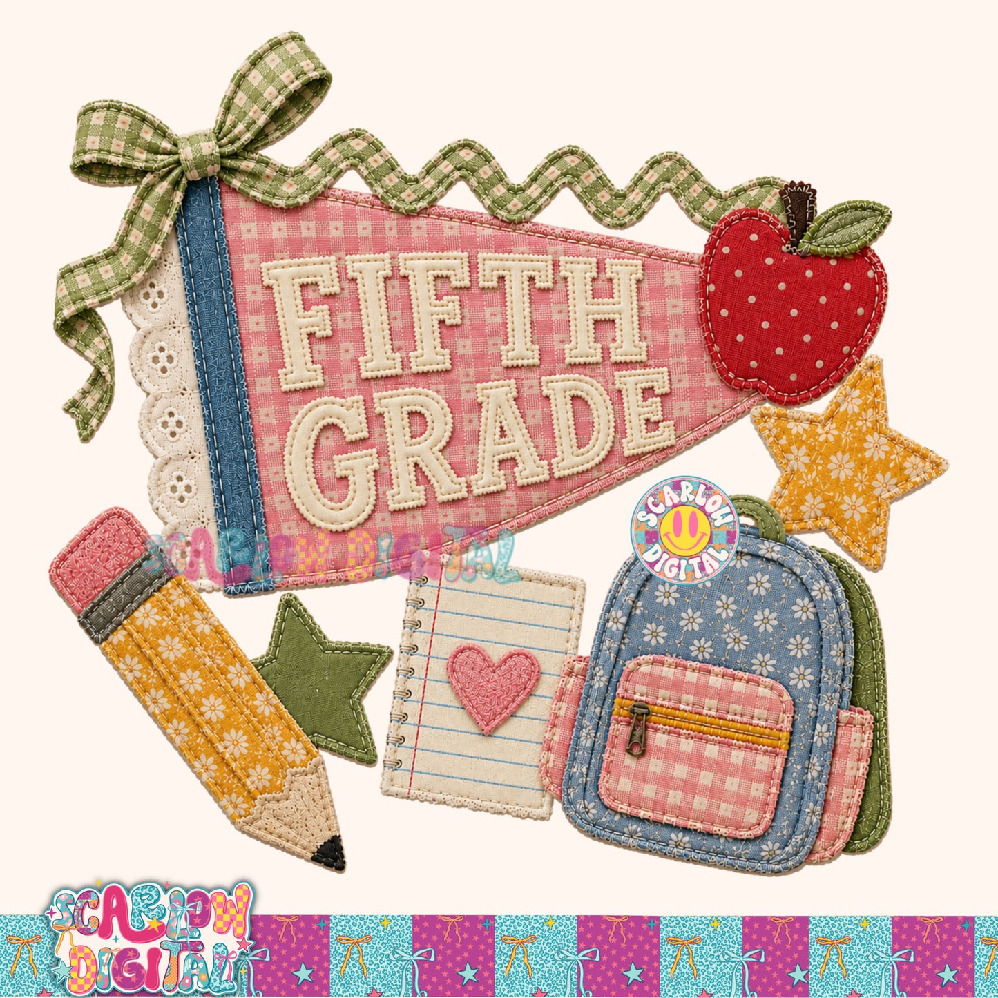 Fifth Grade  Faux Patchwork Back to School PNG Digital Design