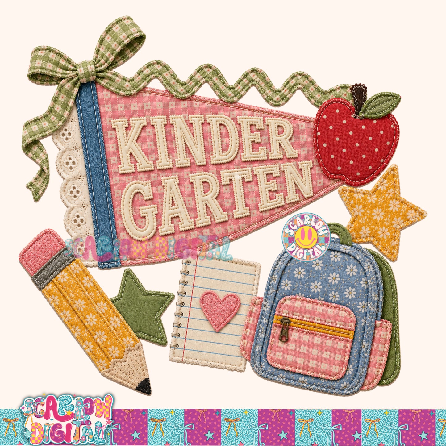 Kindergarten  Faux Patchwork Back to School PNG Digital Design