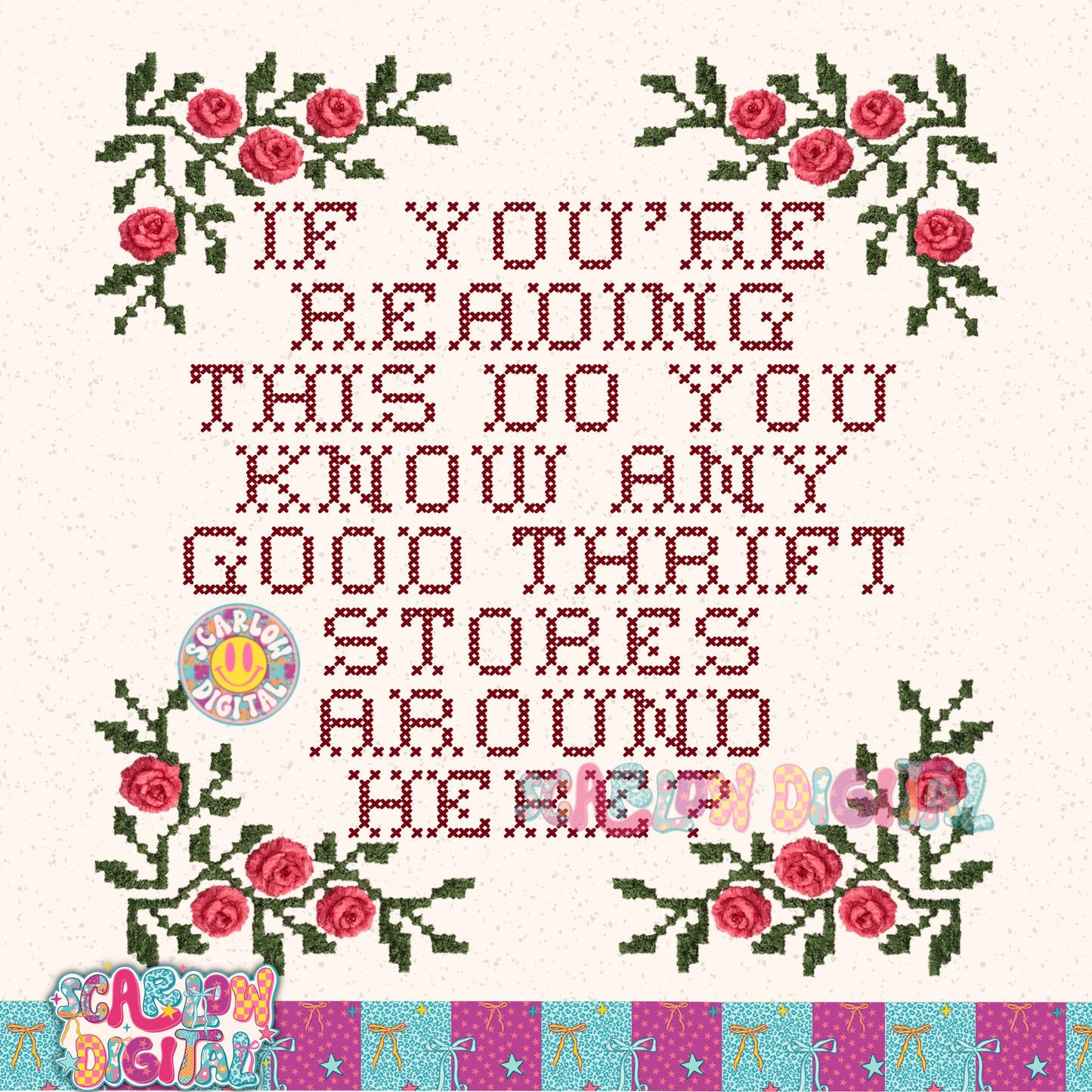 Local Thrift Store Faux Cross Stitch PNG Digital Design