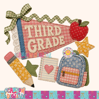 Third Grade Faux Patchwork Back to School PNG Digital Design