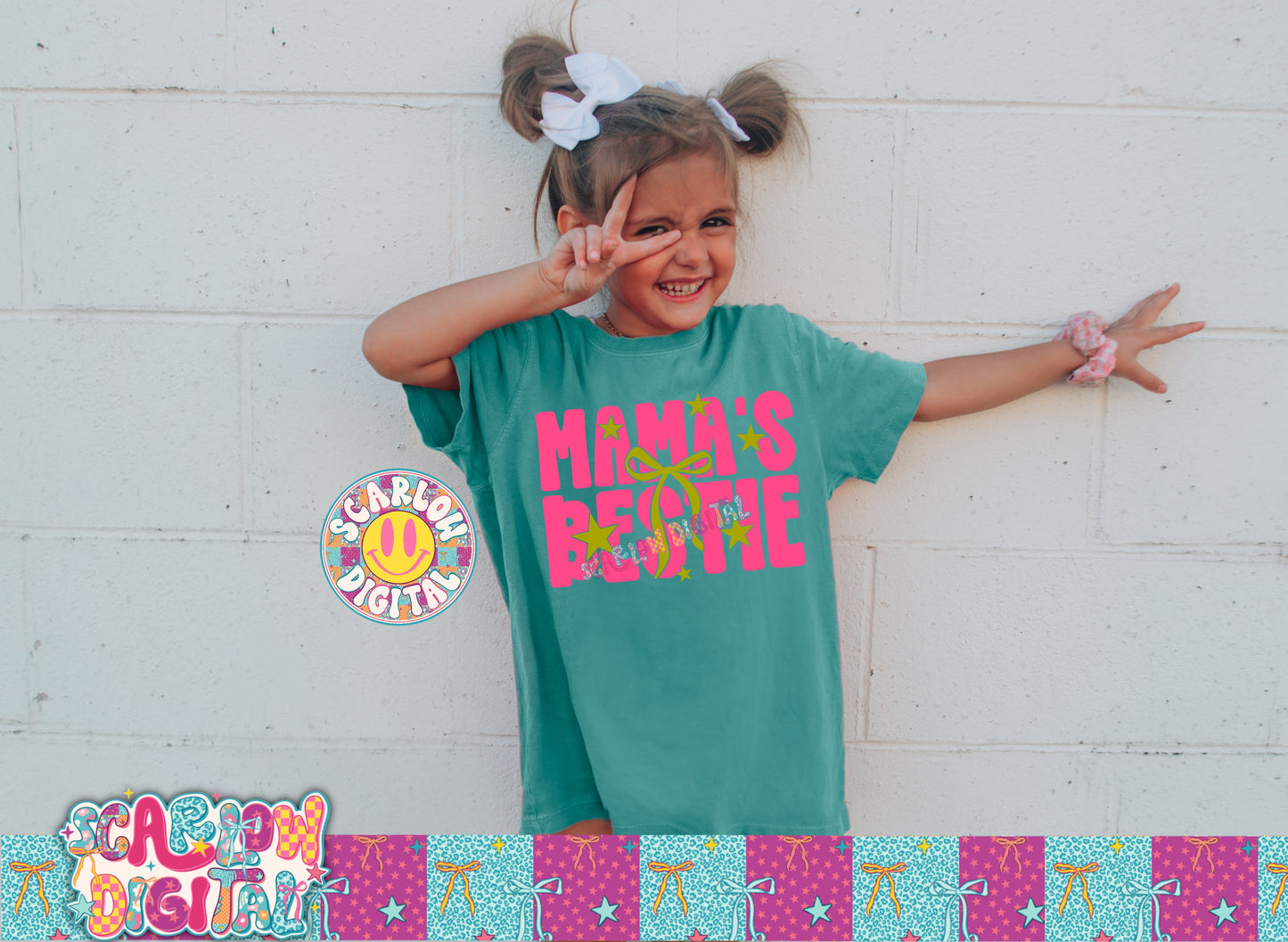 Neon Mama Bestie With Bow and Stars Pink and Lime PNG Digital Design