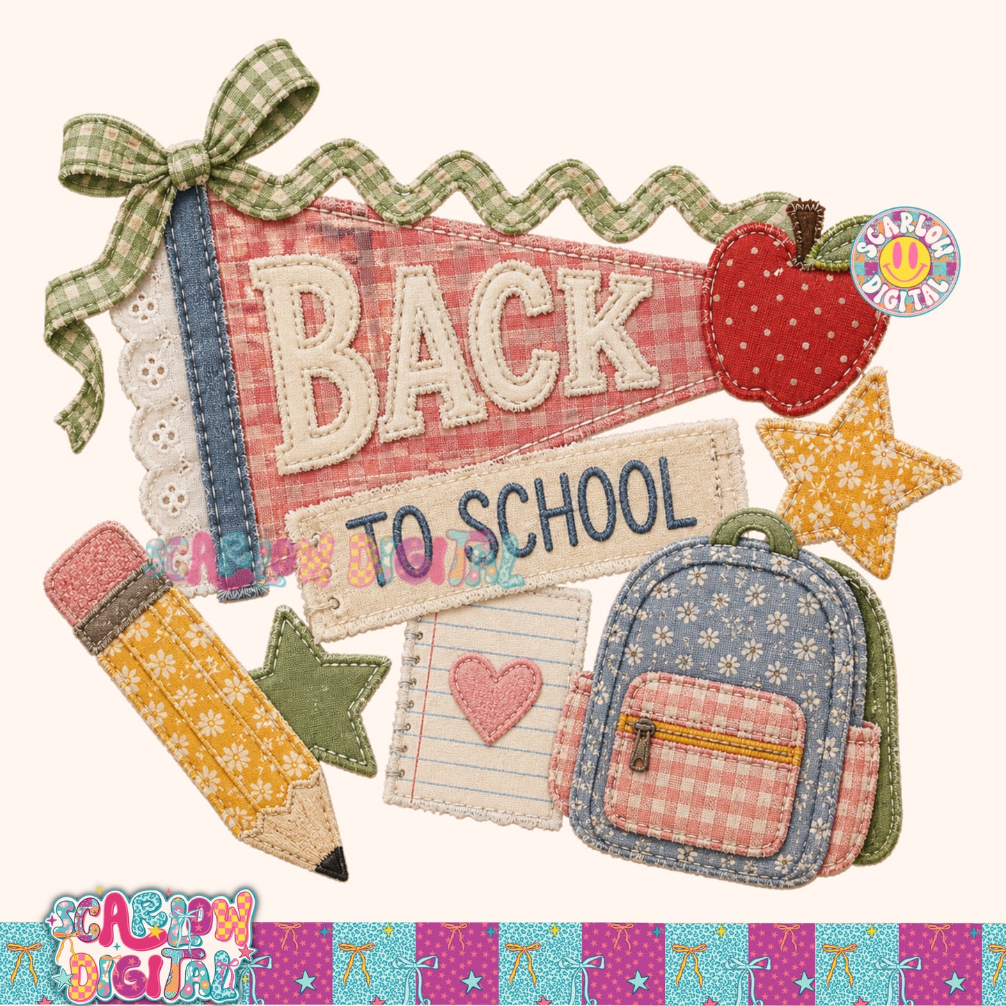 Back to School Faux Patchwork PNG Digital Design