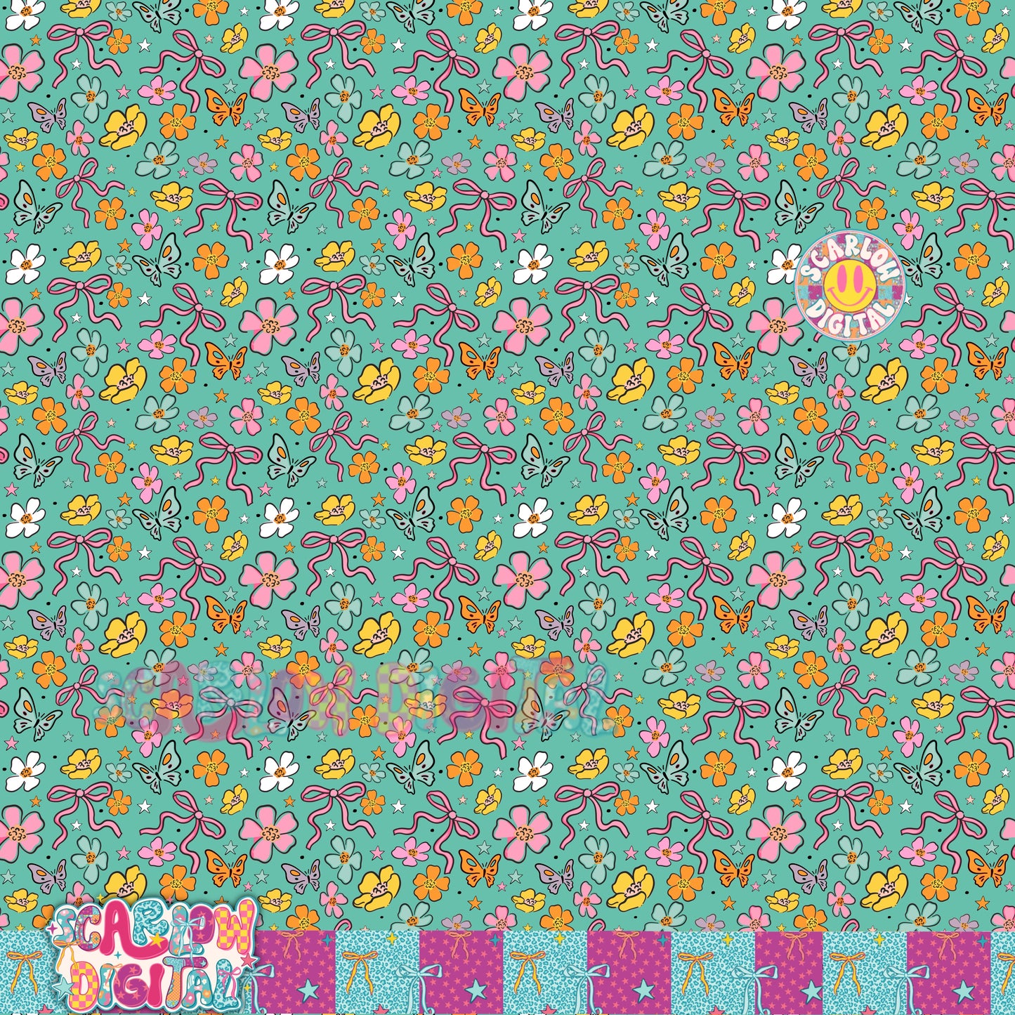 Blue Flowers and Bows Seamless Pattern Digital Design