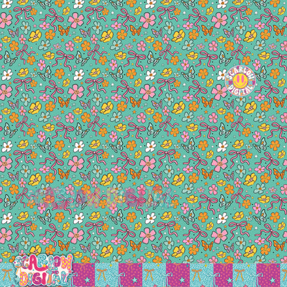 Blue Flowers and Bows Seamless Pattern Digital Design