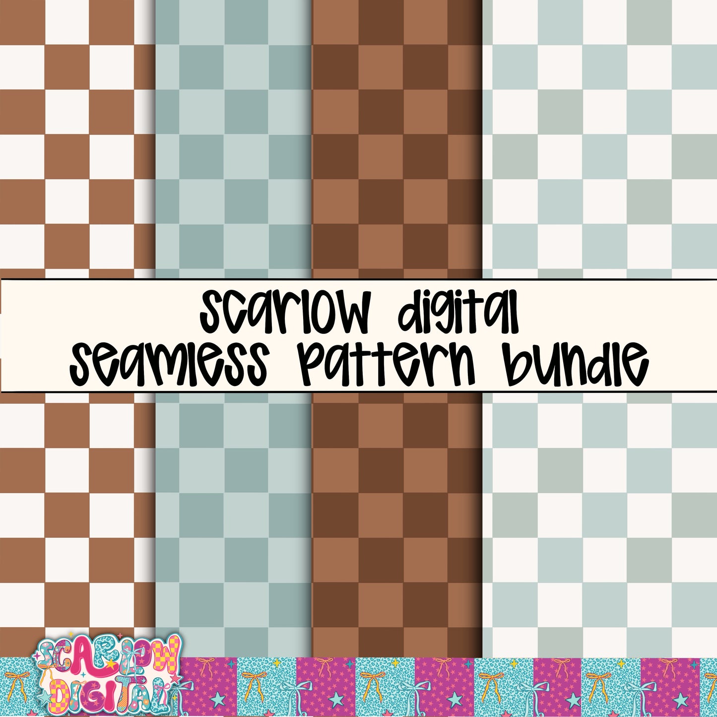 Blue and Brown Checkers Seamless Pattern Bundle Digital Design