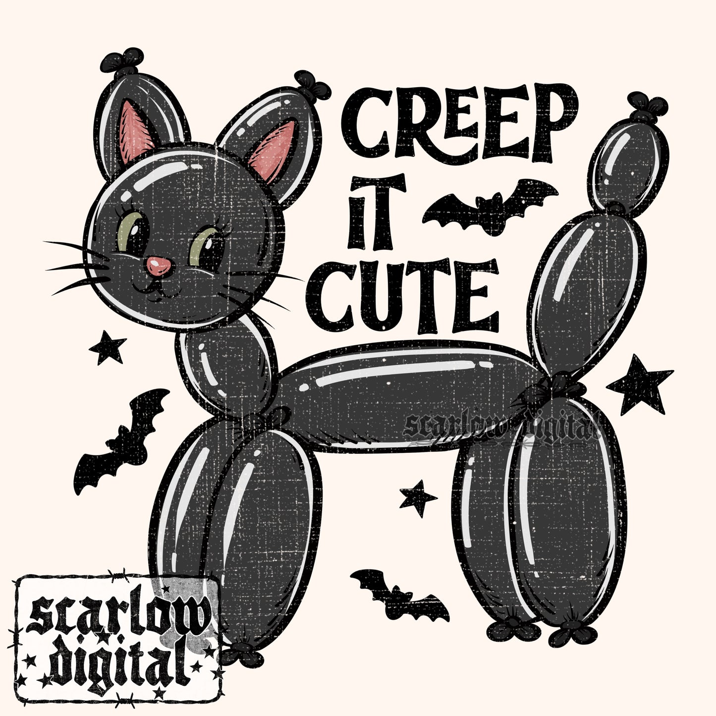 Creep it Cute Black Cat Balloon Animal Halloween PNG Digital Design