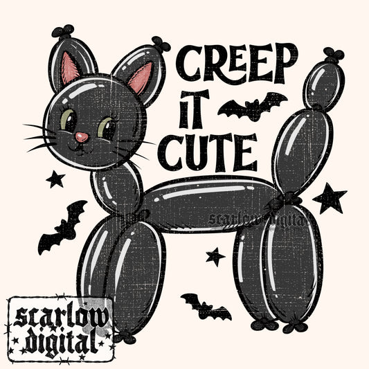 Creep it Cute Black Cat Balloon Animal Halloween PNG Digital Design