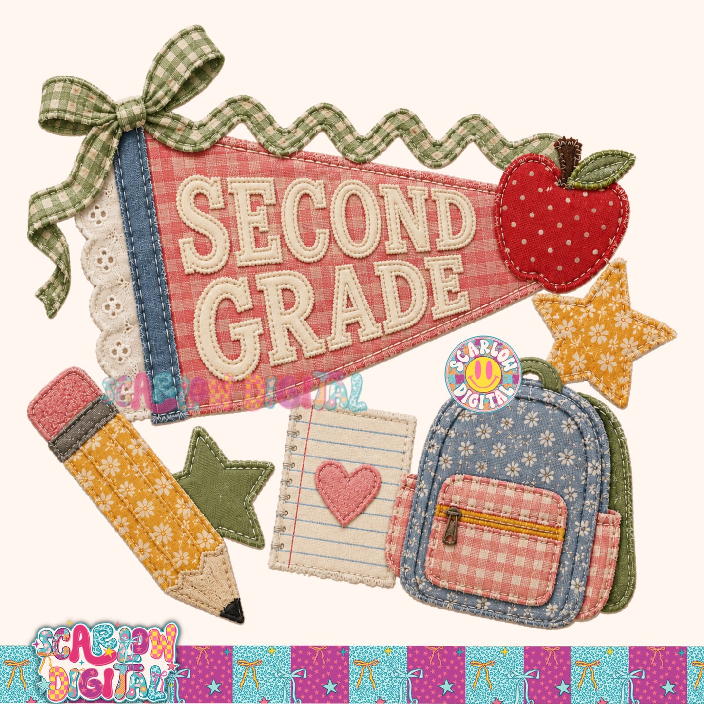 Second Grade  Faux Patchwork Back to School PNG Digital Design
