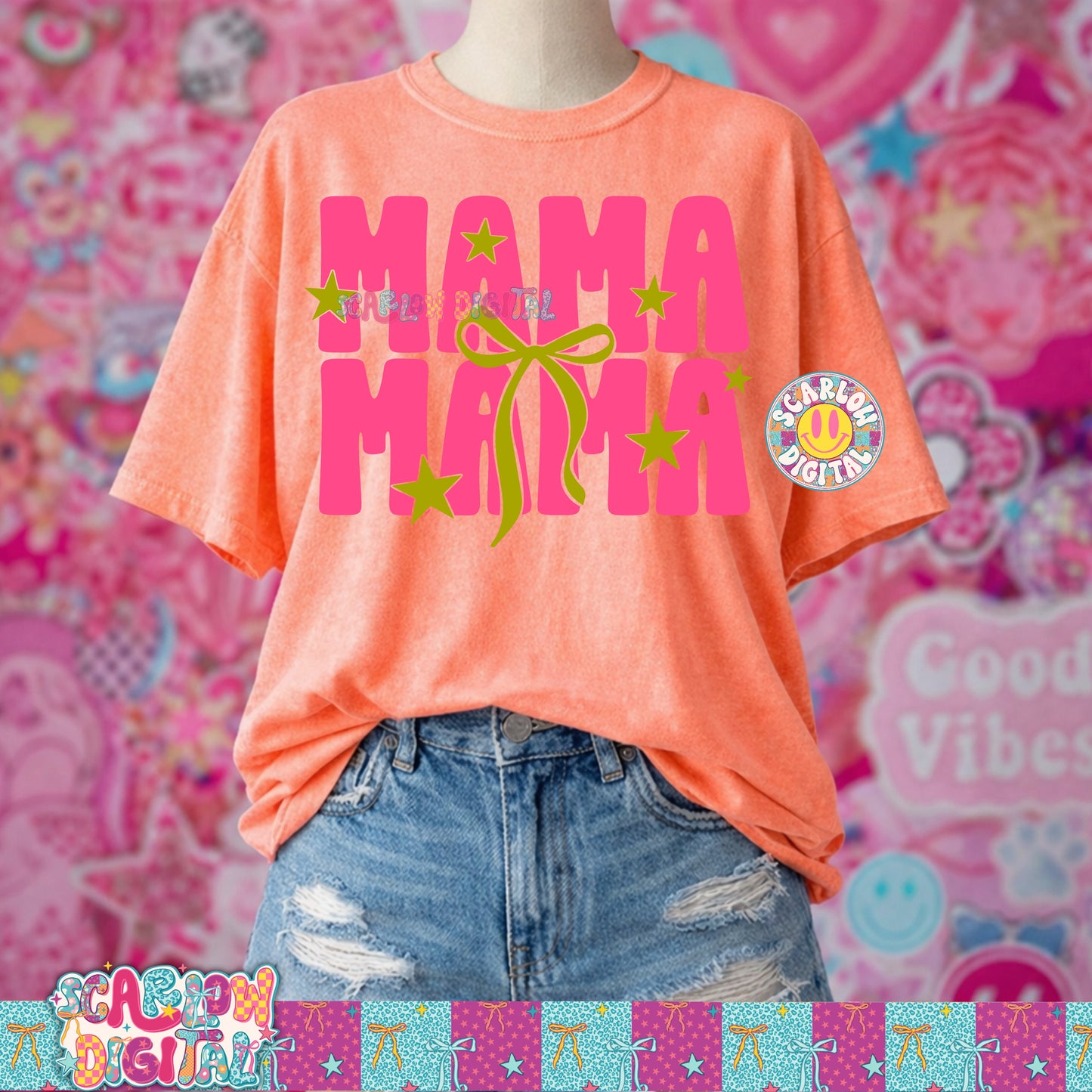 Neon Mama With Bow and Stars Pink and Lime PNG Digital Design