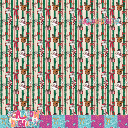 Tinsel Bows and Christmas Doodles Seamless Pattern Digital Design