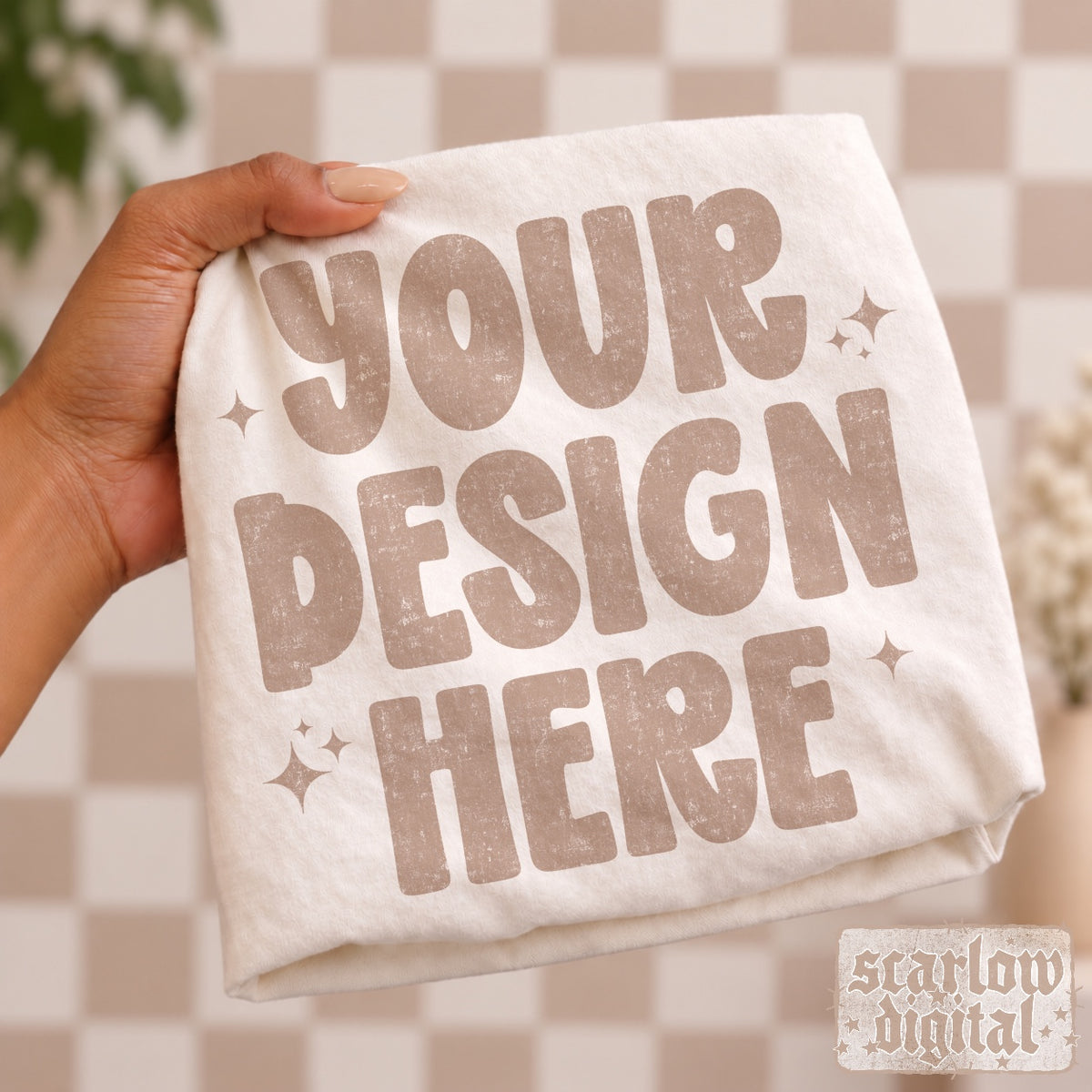 Tan Checker Tshirt Mockup in Ivory ★ EXCLUSIVE MOCKUP  ★ Only available until 10/04 ★