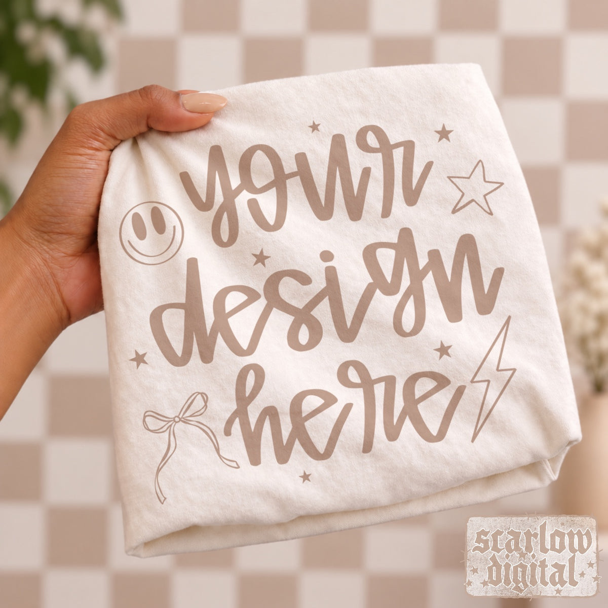 Tan Checker Tshirt Mockup in Ivory ★ EXCLUSIVE MOCKUP  ★ Only available until 10/04 ★