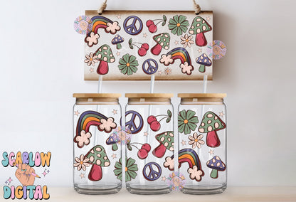 Groovy Doodles Glass Can Wrap PNG Digital Design Download, cherries can glass wrap, mushroom cup wrap, peace sign can glass wrap design