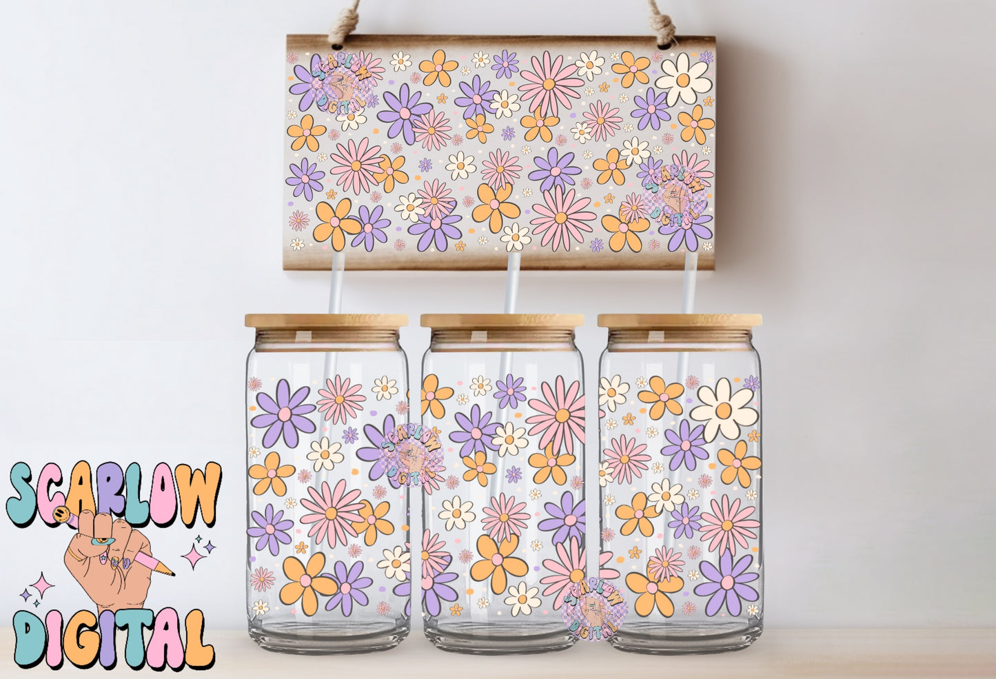 Groovy Flowers 16 Ounce Can Glass Cup Wrap PNG Digital Design Download, floral cup wrap, hippie cup wrap, daisies cup wraps, groovy png