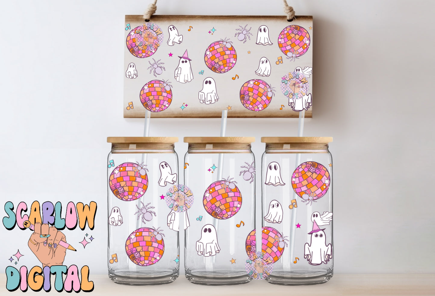 Ghost Disco Party 16 Ounce Can Glass Cup Wrap PNG Digital Design Download, halloween png cup wrap, cute ghost cup wrap, spooky ball cup wrap