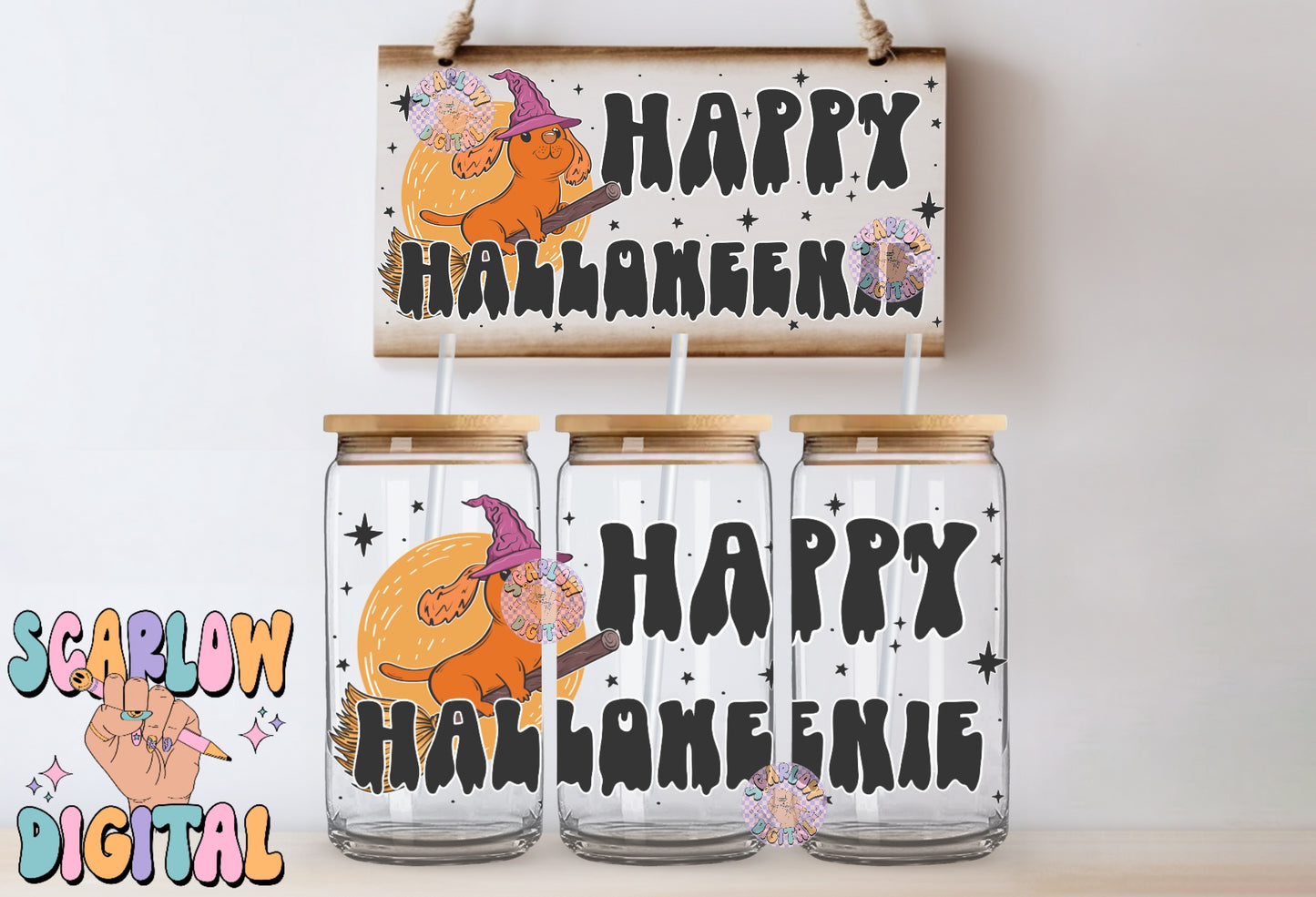 Happy Halloweenie 16 Ounce Can Glass Cup Wrap PNG Digital Design Download, dachshund cup wrap, witch cup wrap png, halloween png cup wrap