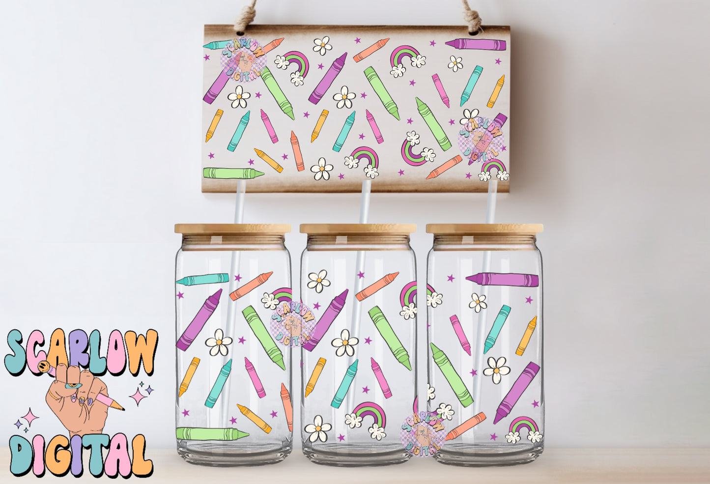 Back to School 16 Ounce Can Glass Wrap PNG Digital Design Download, crayons can glass wrap, rainbow glass wrap, teacher can glass wraps png