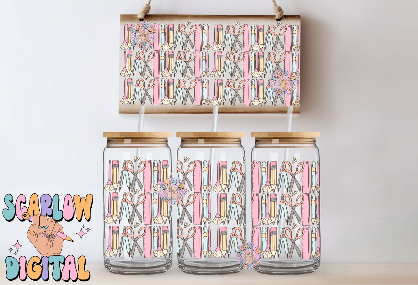 Back to School 16 Ounce Can Glass Wrap PNG Digital Design Download, crayons can glass wrap, pastel glass wrap, teacher can glass wraps png