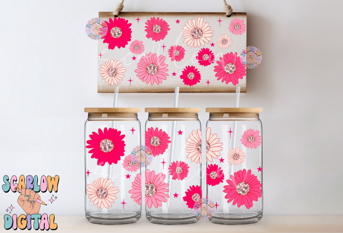 Disco Flowers 16 Ounce Can Glass Wrap PNG-New Years Sublimation Digital Design Download-UV DTF can glass wrap png, beer can glass png design