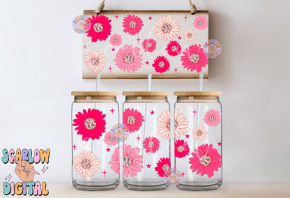 Disco Flowers 16 Ounce Can Glass Wrap PNG-New Years Sublimation Digital Design Download-UV DTF can glass wrap png, beer can glass png design